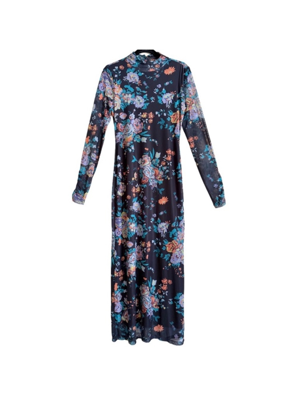 ANTHROPOLOGIE Stretchy Mesh Floral Mock-neck Bodycon Maxi Dress sz XS Cocktail - Picture 6 of 11